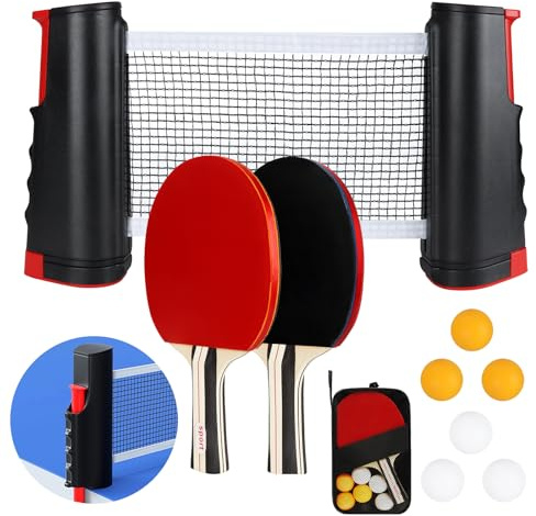TOSUTO Tischtennisschläger Set,2 Schläger,6 Bälle,Einziehbares Tischtennisnetz und Tragetasche,Mobiles Tischtennis Set für Anfänger und Fortgeschrittene,Ideal für Indoor und Outdoor Spiele