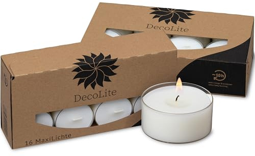 DecoLite Maxi Teelichter im Acrylcup – 9–10h lange Brenndauer – Auswahl: 16 bis 160 Stück – Große Teelichter transparent – Ø 5,6 cm x H 2,5 cm - (32 x MaxiLights)