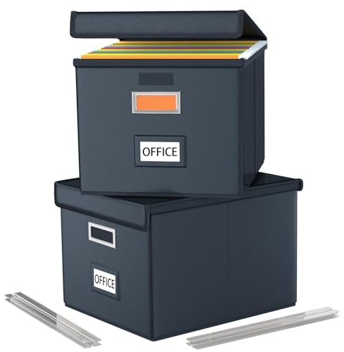 FINEW Stoff Faltbare Aufbewahrungsbox mit Deckel, Verbessertes Ledermaterial, Hängemappenbox für DIN A4 Hängeregister, Aufbewahrungsboxen für Büro, Faltbox für Familien (Schwarz) 2 Pack