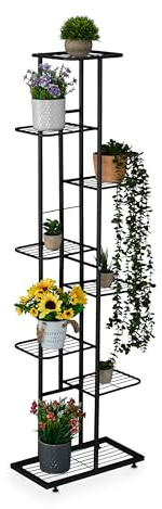 Relaxdays Blumenregal, pulverbeschichtet, je Ebene 3 kg belastbar, schwarz | 8 Ablagen für bis zu 9 Blumen- & Pflanzentöpfe, Metall, Pflanzentreppe, 142x45x22 cm