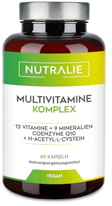 Multivitamin-Kapseln 29 Essentielle Nährstoffe Vegan | Vitamine A, B, C, D, E, K, Biotin, L-Cystein, Coenzym Q10 und 9 Mineralstoffe | Multivitamin-Komplex 60 Kapseln | Nutralie