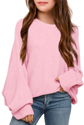 Karlywindow Mädchen Rundhalsausschnitt Leichter Strickpullover Kinder Einfarbig Langarm Pullover, Rosa, 6-8 Jahre