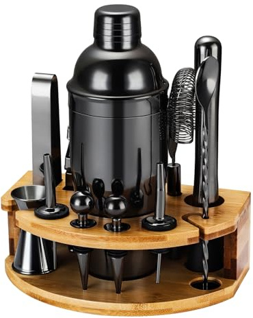 Cocktail Shaker Set, 12 Teiliges Edelstahl Bar Zubehör Set, 750ML Shaker Barkeeper Set mit Ständer, Ideales Cocktail Maschine Barkeeper Set für die Hausbar (Schwarz)