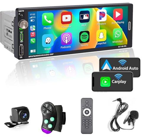 Alondy Autoradio 1Din mit Bildschirm (6,9) Kompatibel mit Apple CarPlay [Wireless] Android Auto Bluetooth USB (Typ-C 2,1A Schnellladung) Rückfahrkamera AM/FM/RDS Radio