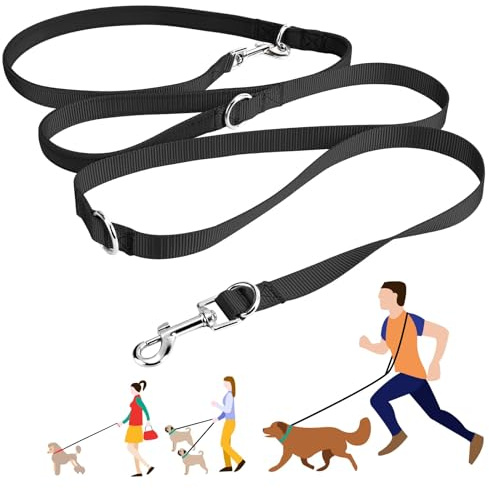 oneisall Freihandleinen für kleine & mittelgroße Hunde, Hundeleine 2.5m verstellbar Übungsleine & Führleine | Nylon Doppelleine mit 2 Karabiner Schwarz