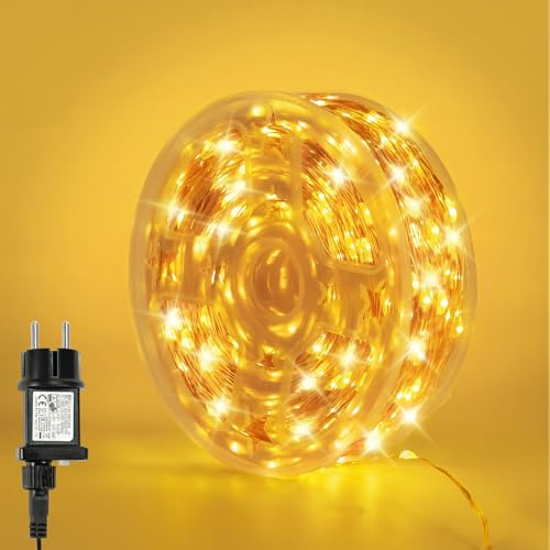 Bowfar Lichterkette Kupferdraht 10M Warmweiß Lichterkette Innen mit Stecker | 100 LED Lichterkette Außen Strom mit Memory Funktion, Wasserdicht Lichterkette Outdoor für Weihnachten Garten Party Hochzeit