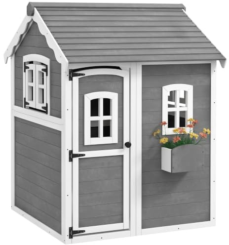 Outsunny Kinderspielhaus aus Holz mit Tür, Fenster für Kinder 3-8 Jahre | Kinderhaus Outdoor, Gartenhaus mit Pflanzkasten, Spielhaus