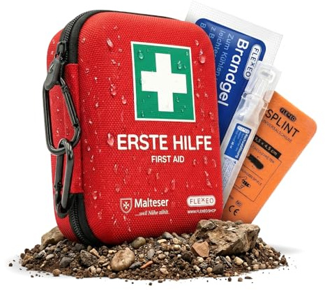 FLEXEO Erste Hilfe Set “Traveller” | 50-teilig | Inkl. Brandgel, Augenspülung, Fingerschiene | im Hardcase mit Karabinern | Ideal für Outdoor, Reisen, Fahrrad & Sport
