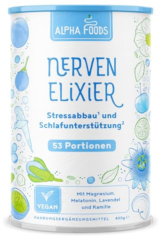 Nerven-Elixier - Melatonin, Magnesium, B-Vitamine & Aminosäuren für natürliches Stressmanagement & Entspannung am Abend - Pflanzliche Mischung mit Blaubeer-Geschmack - 400g Pulver von Alpha Foods