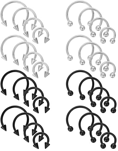 32 Stück Septum Hufeisen Piercing Set - Hufeisenringe Chirurgenstahl 16G Verschiedene Größen Nasenscheidewand Hufeisen Creolen Augenbrauen Creolen Lippe Septum Piercing Schwarz Damen Herren