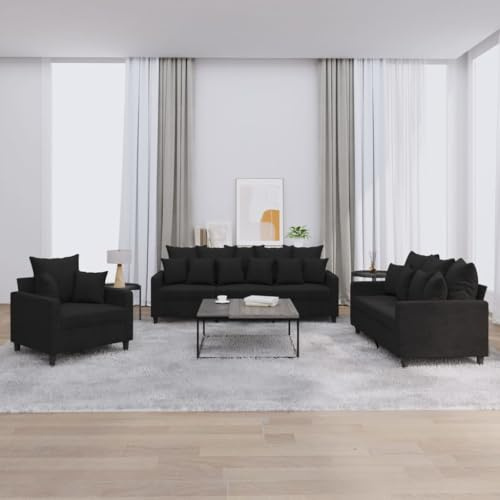 Brokky 3-TLG. Sofagarnitur mit Kissen - Wohnzimmer Sitzgruppe - Schwarz Samt - 3201685