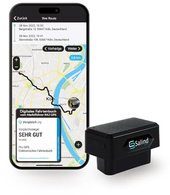 Salind GPS - Elektronisches Fahrtenbuch GPS Tracker für Autos, Lieferwagen | LKWs - finanzamtkonform, lückenlos Streckenaufzeichnung & manipulationssicher, OBD2 Stecker, weltweite Ortung