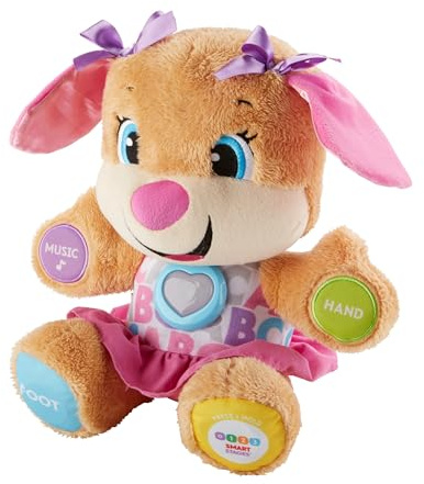 Fisher-Price Lernspaß Hundefreundin, sprechendes, singendes Kuscheltier, Baby Spielzeug ab 6 Monate, Interaktiver Hund Lernspielzeug, Deutsche Version, FPP53