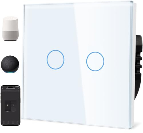 TAWOIA Smart Alexa Lichtschalter (Neutralleiter erforderlich), Wlan Lichtschalter mit Glasscheibe, Sprachsteuerung für Alexa, kompatibel mit Smart Life und Tuya App 2 Fach 1 Weg Weiß