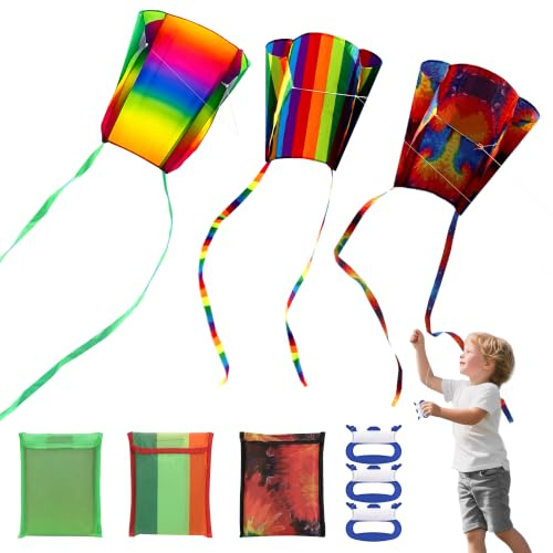 TranRantic Taschendrachen für Kinder, Regenbogen Drachen für Jungen Mädchen mit Langen Schwänzen, Tragbar Lenkdrachen für Anfänger, Einfacher Kinderdrachen für Strandspiel Outdoor Geschenk