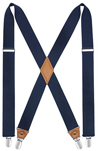 HISDERN Herren 3,5 cm breiter Hosenträger in X-Form mit sehr Starken 4 Metall Clip für Männer und Damen elastisch und verstellbar Navy blau