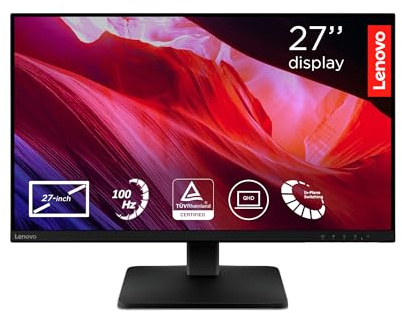Lenovo L27qe | 27 QHD WLED Monitor | 2560x1440 | 16:9 | 100 Hz | 4ms Reaktionszeit | IPS-Panel | HDMI | DisplayPort | TÜV Eye Comfort Schutz| Entspiegelt | Raven schwarz | 4.5 kg