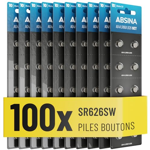 ABSINA AG4 LR66 Knopfzelle 100er Pack - 1,5V Alkaline Knopfzellen auslaufsicher & mit Langer Haltbarkeit - SG4 / V4GA / G4A / 4GA / L626 / LR626 - Knopfbatterien Batterien Batterie Uhrenbatterien