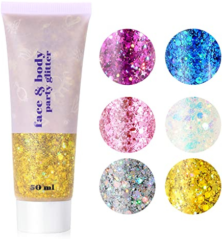 URAQT Body Glitter Gel, Chunky Glitter Gel, Chunky Body, Schlauch-Gold | Glitzer Flüssiger Lidschatten, Meerjungfrau Pailletten Funkelnde für Gesicht Haare Lippen Nägel Make Up Kosmetik Festival