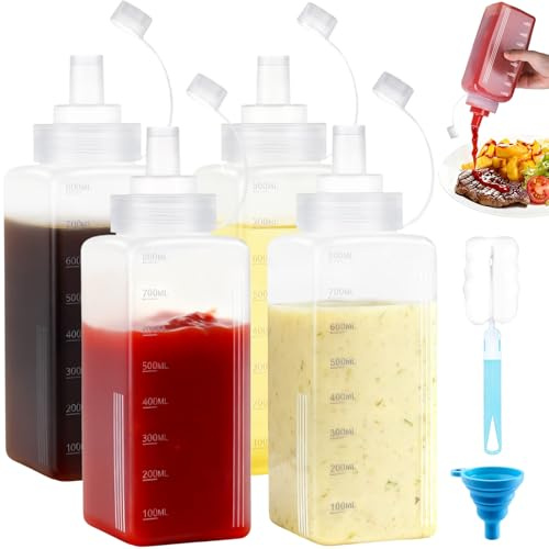 Amentalove 4 Stück Quetschflasche 800ml, Squeeze Flasche mit Kappen, 27oz Breiter Mund Kunststoff Saucenflasche mit Messskala Bürsten und Trichter, Dosierflasche für Ketchup, Öl, BBQ Sauce, Pigment