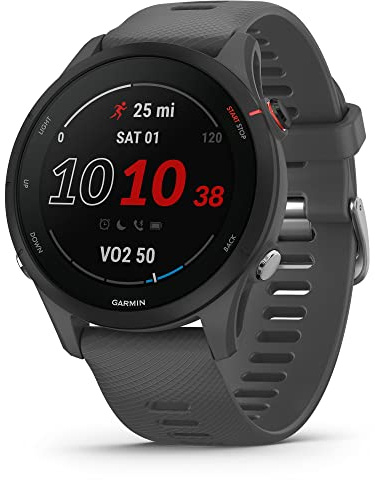 Garmin Forerunner 255, 46 mm, GPS-Laufuhr, Schiefergrau/Schwarz | MIP Display, bis zu 14 Tage Akkulaufzeit, 30+ Sport-Apps, Trainingszustand, HFV Status, Morning Report, Silikonarmband