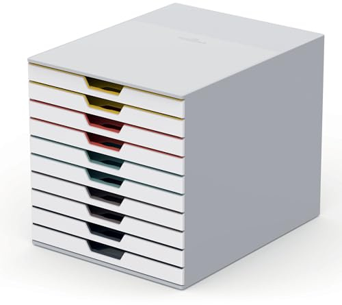Durable Schubladenbox A4 (Varicolor Mix), Schreibtisch-Schubladenset mit 10 farbigen Fächern, mit Etiketten zur Beschriftung, 763027