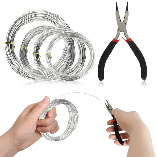 Chudeng 4 Rollen Aluminium Basteldraht und ein Paar Zangen, 3mm, 2mm, 1.5mm, 1mm Dicke Bildhauerei Draht (10m/Rollen), Biegsamer Metalldraht für die Herstellung von Puppen Skelett, DIY-Handwerk