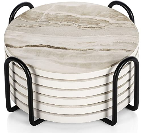 LIFVER Marmor Glas Untersetzer-Set 6er, Absorbierend Mit Korkboden Und Halter, Für Getränke in Bars, Cafés, Haus, Party, Büro, Geschenke Für Mama Papa