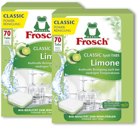 Frosch Spül-Tabs Classic Limone Doppelpack reinigen Geschirr, Töpfe und Pfannen strahlend sauber. Vorteilspack mit 140 Waschladungen Tabs mit wasserlöslicher Folie