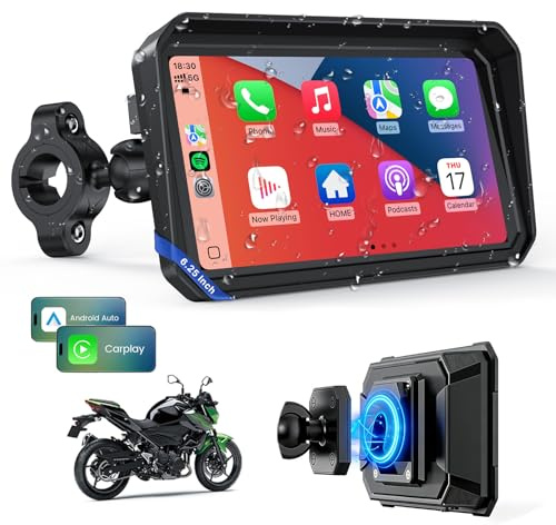 WonVon 6.25 Zoll Motorrad Carplay Display Motorrad Navigationsgeräte mit Motorrad Navi CarPlay & Android Auto Wasserdicht Motorräder Display mit Bluetooth Sprachassistenten Magnetische Halterung