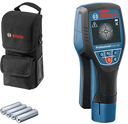Bosch Professional Ortungsgerät D-tect 120 (4 x AA Batterien, max. Ortungstiefe für Kunststoffrohre/Holzunterkonstruktion/spannungsführende Leitungen/Eisenmetalle: 60/38/60/120/120 mm, Schutztasche)