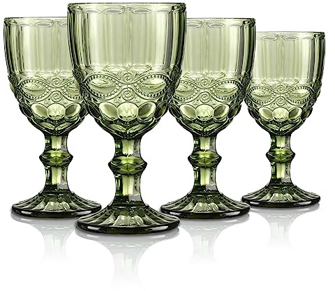 Joeyan 300ml Grün Weingläser,Set von 4 Kelche Vintage mit Schliff,Farbiger Weinkelch für Wein Saft Getränke,Rotweingläser Weißweingläser Trinkgläser mit Fuß,Spülmaschinenfest