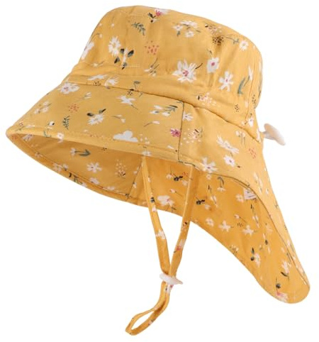 LACOFIA Baby Sonnenhut Baumwolle Kleinkind UV Sommer Mütze Verstellbarem Kinder Breiter Krempe Strand Cap Fischerhut mit Bindebändern und Nackenschutz