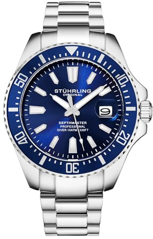Stuhrling Depthmaster Herrenuhr 42 mm, Taucheruhr Herren aus Edelstahl mit blauem Zifferblatt, Quarzuhr, 10 ATM wasserdicht, Leuchtzeiger, Sicherheitsfaltschließe