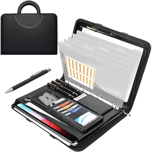 BONFORTURE Schreibmappe A4 mit 5er Register, Konferenzmappe mit 4 Ringbuch Reißverschluss Griff Klemmbrett Notizblock Stift, Dokumentenmappe Aktenmappe Ordner für Büro Business Uni Schule Schwarz