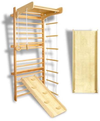 Froadp Klettergerüst Indoor Kletterwand Sportgeräte aus Birkenholz Sprossenwand für Erwachsene & Kinder Spielgeräte Turngeräte mit Sprossenwand Spitzendreiecke Gymnastikringe Leitern Rutschen