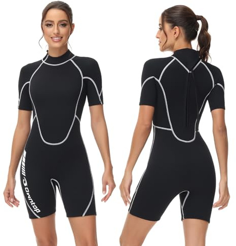 Owntop 3/2mm Shorty Neoprenanzug Damen - Rückenreißverschluss Wetsuit zum Tauchen Surfen, Kurzarm Tauchanzüge Stretch Neopren für Wassersport, Damen Schwarz S