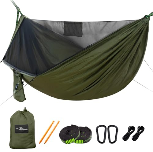 Travel Bird Camping Hängematte mit Moskitonetz und Firstseil, Extra Groß für 2 Personen 290 x 140cm, All-in-One Schnell Offen Ultraleichte Hängematten für Draußen, Wandern, Reisen und Rucksacktour