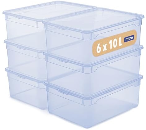 Rotho Clear Aufbewahrungsbox mit Deckel 10 L 6er-Set stapelbar in Blau | Aufbewahrungsboxen im 6er-Set, Stapelboxen mit Deckel, sicher verschließbar, transparent blau, platzsparend, pflegeleicht