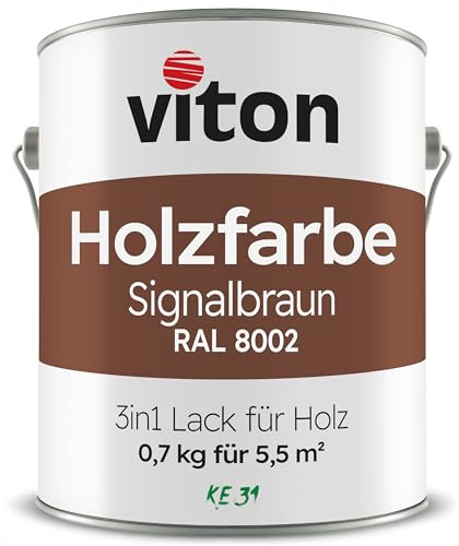 Viton Holzfarbe in Braun - 0,7 Kg Holzlack Seidenmatt - Wetterschutzfarbe für Außen - 3in1 Grundierung & Deckfarbe - Profi-Holzschutzlack - KE31 - RAL 8002 Signalbraun