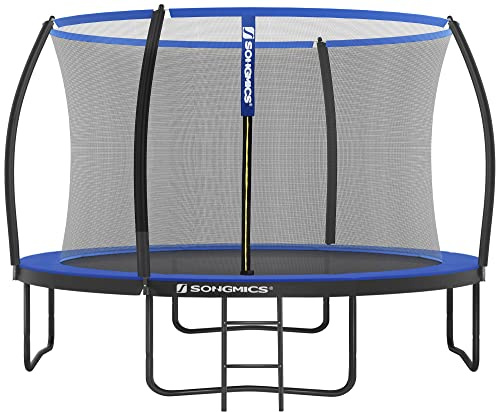 SONGMICS Trampolin 366 cm d, Gartentrampolin für Kinder mit Sicherheitsnetz, 180 cm hohe gebogene Stangen, Randabdeckung, Leiter, Stahlrahmen, schwarz-blau STR12BK
