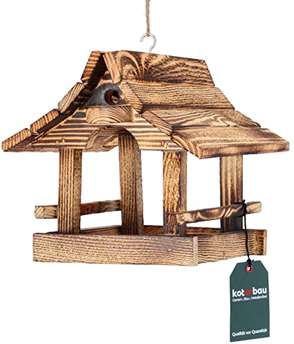 KOTARBAU® Vogelhaus - Vogelfutterhaus - Vogelhäuschen aus Holz – 22,4 x 26 x 21,5 cm – Futterhaus mit Dach – Spatzenhaus - Natürlich - Geflammt - Vogelhaus zum Aufhängen