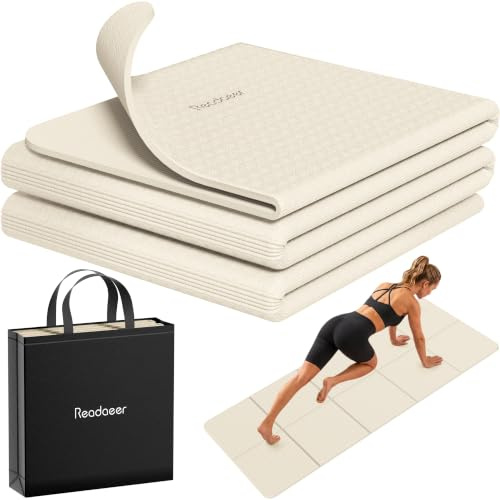 Readaeer Faltbare Yogamatte für Reisen, faltbare Yogamatte, 6 mm dick, mit Tragetasche, rutschfeste TPE-Übung, Pilatesmatte für 183 cm L x 61 cm B x 0,6 cm (24 Zoll) (Beige)