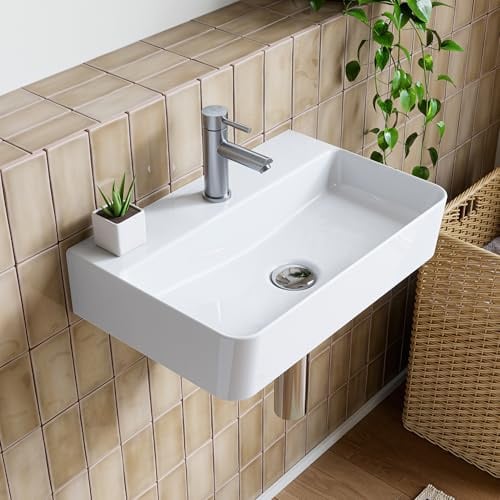HOROW Waschbecken Wandmontage Keramik Weiß, Hängewaschbecken Rechteckig 46x30cm, Aufsatzwaschbecken mit Hahnloch ohne Überlauf, Handwaschbecken Klein Gäste WC