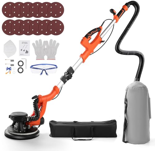 Trockenbauschleifer mit Absaugsystem, 1000W Deckenschleifer zum Entfernen von Popcorn-Decken, 1000-2100RPM, 5 Variable Geschwindigkeiten, LED-Licht, Faltbar & Ausziehbar, 12 Schleifscheiben, 220V
