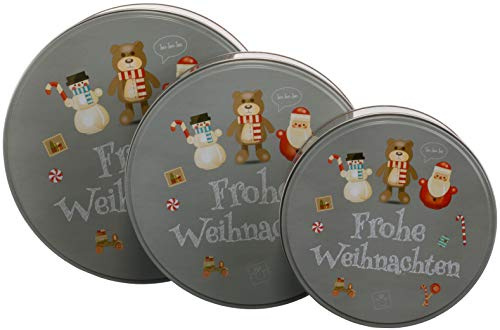 Brandsseller 3er Set Plätzchendosen aus Metall – stapelbare, runde Keksdosen mit Deckel - lebensmittelechte Aufbewahrungsdosen für Gebäck, Kekse & Weihnachtsplätzchen – Frohe Weihnachten