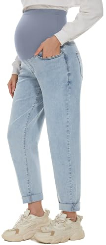 POSHGLAM Damen Umstandsjeans über Bauch Bequeme Stretch Boyfriend Jeans Denim Schwangerschaftshose S-XXL, Hell, blau, Groß
