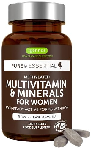 Igennus Hochdosiertes Methyliertes Multivitamin für Frauen, Clean Label, MTHFR-Präparat mit aktiven B-Vitaminen, Vitamin K2 MK7, sanftes Eisen, langsame Freisetzung, GVO-frei & halal, 180 Tabletten