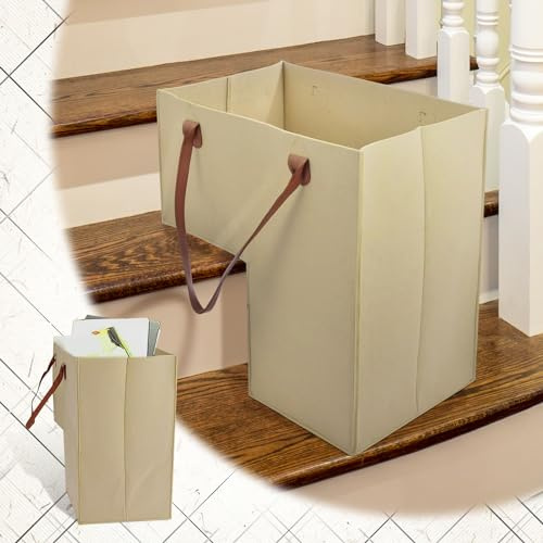 FFTANXS Treppenkorb,Treppenkorb stufenkorb,Treppenkörbe L-Form,Treppenkorb rattan mit kunstleder-griffen,Stufenkorb lagerung für Wäsche, Spielzeug,für alle Treppen in Standardgröße(Beige)