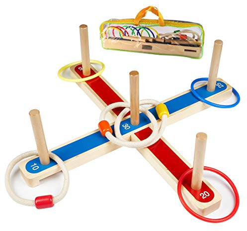 Wurfspiel Ringwurfspiel, UlifeME Garten Spiele für Kinder und Erwachsene, 5 Pcs Hölzerne Seilringe + 8 Pcs Bunt Ringe Werfen, 2 Formen für Indoor und Outdoor Spielspaß, Kinderspiele Draußen mit Tasche